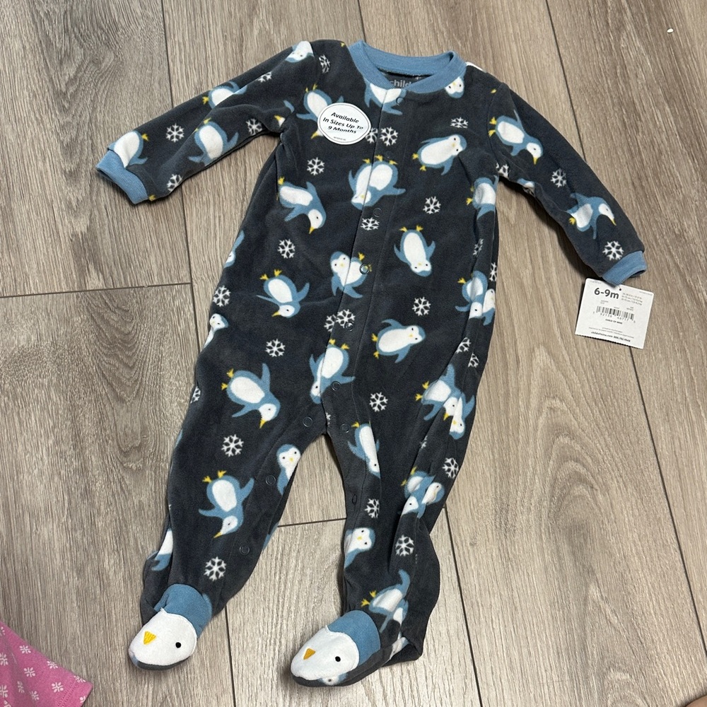 Child of Mine Penguin Print Footed Onesie - Black and Blue
